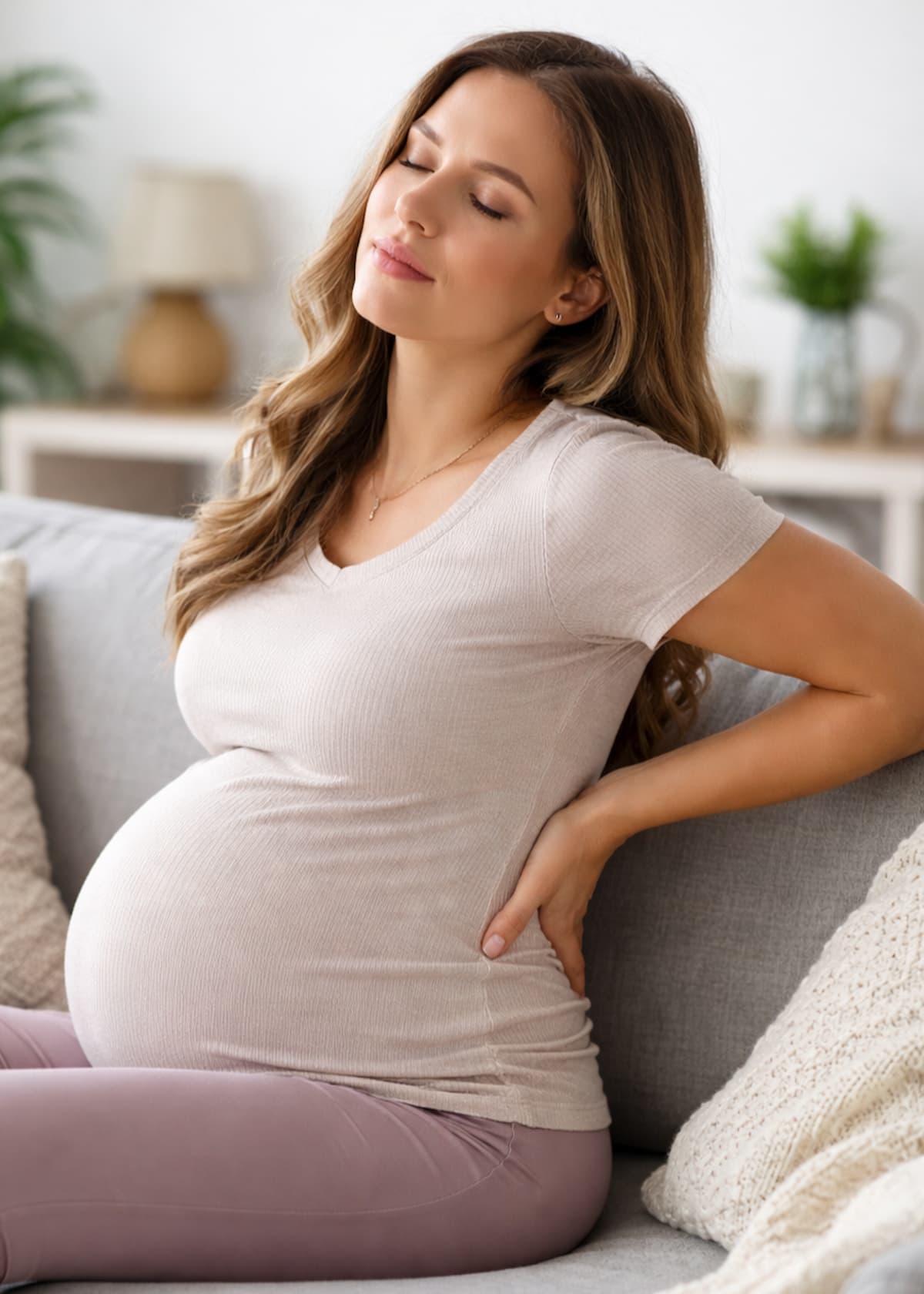 Pregnant woman sitting on a couch with her hand on her lower back, experiencing lower back pain during pregnancy