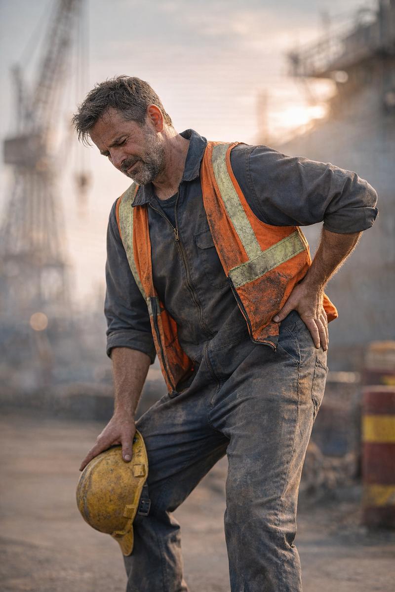 Shipyard worker in his late 40s standing with his hand on his lower back, showing signs of work-related back pain and fatigue